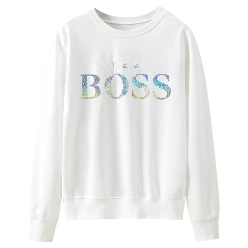 White Women Sweatshirt Women Fall Yes Boss Letter Printed Hoodie Sweatshirt Ladies Long Sleeve Pullover Jumper Sudadera Mujer - Цвет: White