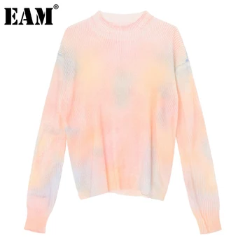 

[EAM] Orange Print Big Size Knitting Sweater Loose Round Neck Long Sleeve Women Pullovers New Fashion Autumn Winter 2020 1DB696
