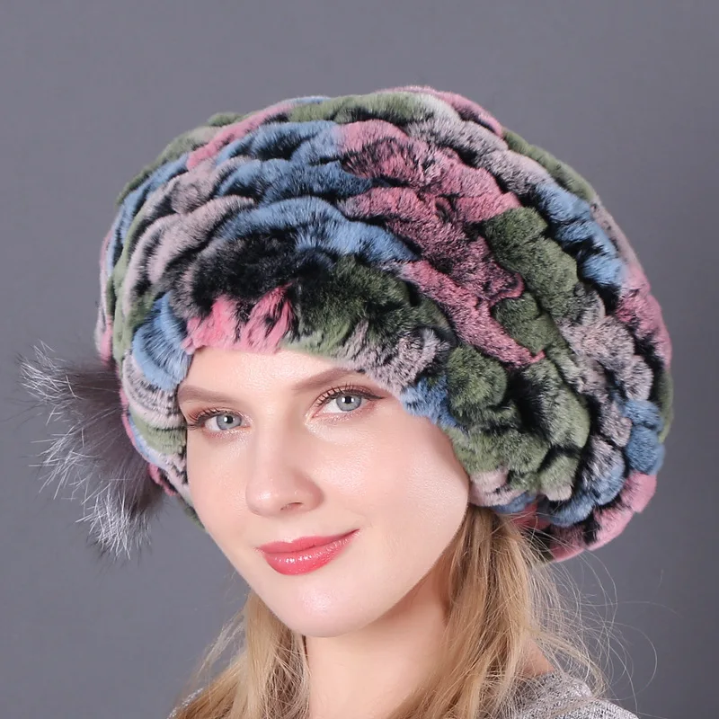 Hot Sale Natural Silver Fox Fur Women Winter Hat Knitted Cap Women Hat Fox Fur Bomber Hat Female Ear Warm Winter Must