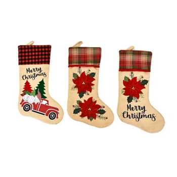 

3-Piece Christmas Decoration Linen Machine Embroidered Christmas Flowers Cartoon Car Old Man Christmas Socks