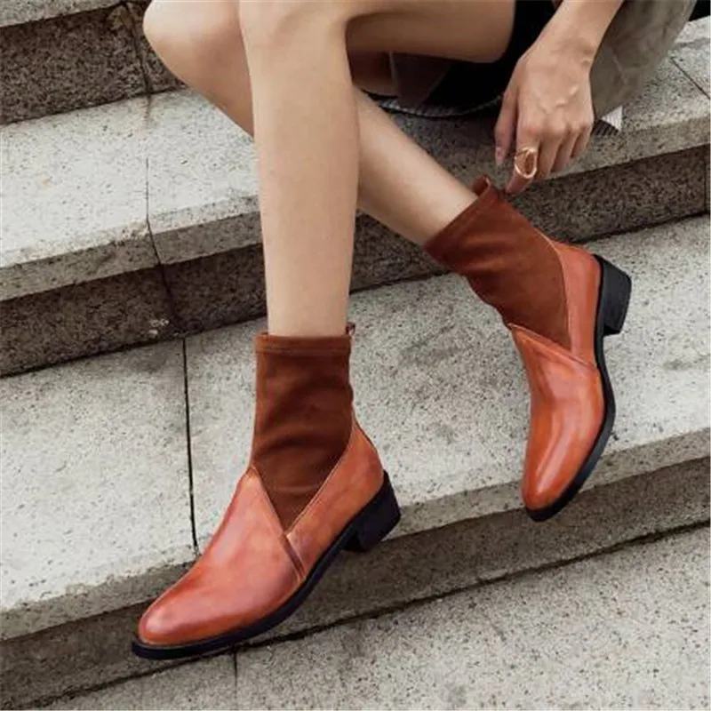 Autumn/winter 2020 Women's Boots Leather Sutured Elastic Boot Tube Genuine Leather Women Shoes