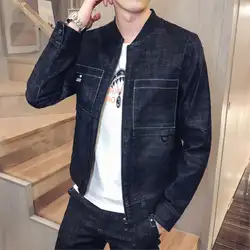 2019 стоячий воротник темно-синяя повседневная куртка Ретро Осенняя джинсовая одежда мужская короткая тонкая новая трендовая Размер L-5XL