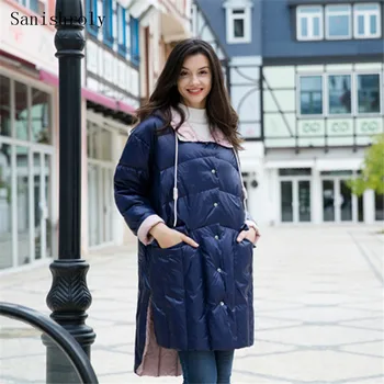 

Sanishroly New Women Double Down Outerwear Casual Light White Duck Down Coat Parka Female Long Hodded Jacket Tops Plus Size S718