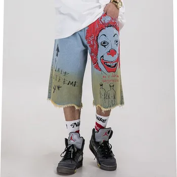 

Original Clown Letters Graffiti Print Jeans Men's Shorts Ripped Wide Leg Oversize Gradient Denim Shorts Streetwear Casual Shorts