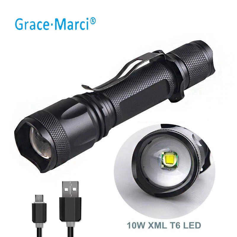 GM Power Flashlight Zoom Rechargeable USB Police Flashlight LED Black Flashlight Metal Aluminum Waterproof Torch Light