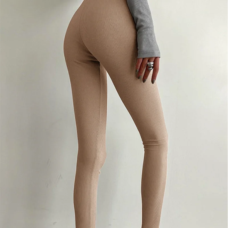 Beige Ribbed Knit Leggings Women High Waist Cotton Fitness Basic Pants Casual Spring New All-Match Female Skinny Leggings track pants