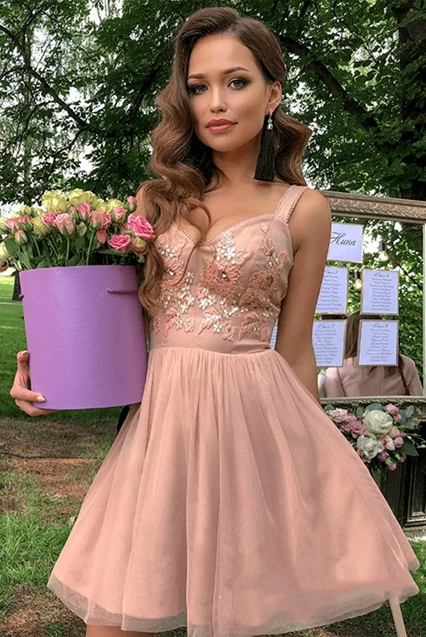 Vestido graduacion, розовые, на тонких бретелях, милые, кружевные аппликации, Блестящие кристаллы, тюль, короткие, для выпускного вечера, свадебные, вечерние, очаровательные