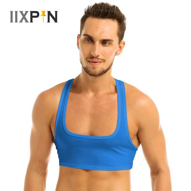 IIXPIN Mens Basic Crop Tops Sexy Y Back Sleeveless Muscle Half Tank Top  Vest T-Shirts