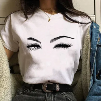 

2020 Womens T-Shirt Harajuku Shiny Eyelash Graphic Top Female Tshirt Eye Shadow Shirts Fashion Oversized White Short Clothes