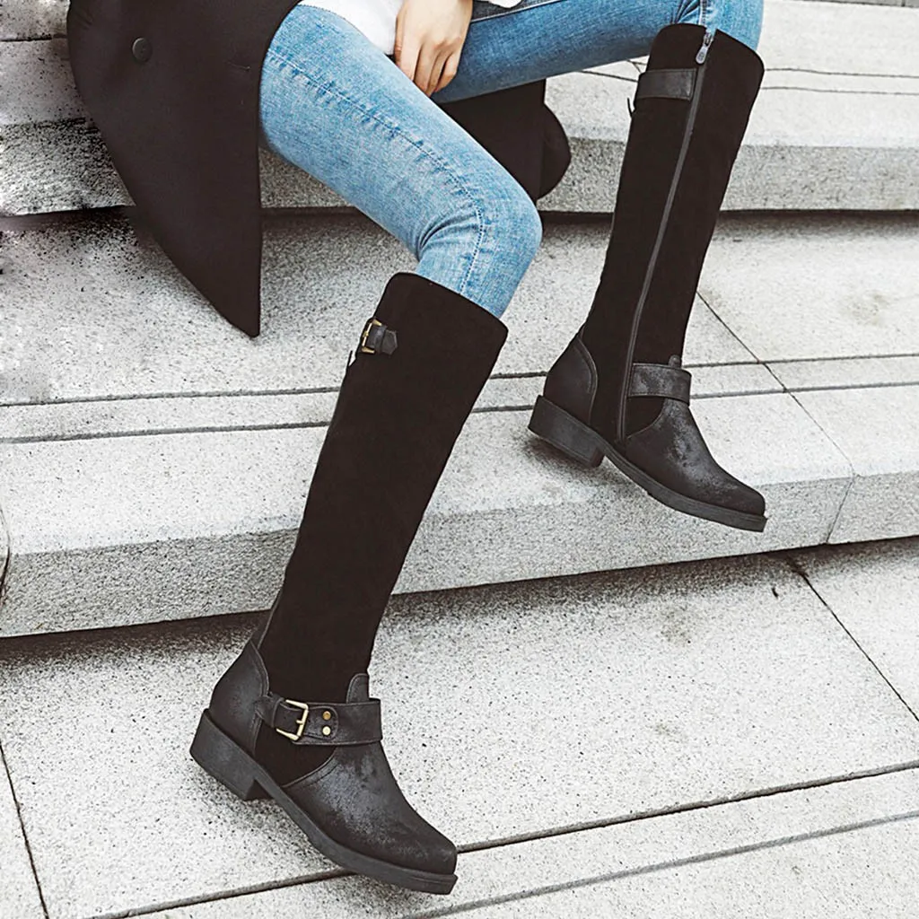 

Women's Long Barrel Shoes Spring And Autumn leather Round Head Stretch Knitting Long Tube Sexy slim Boots Large Size shoes