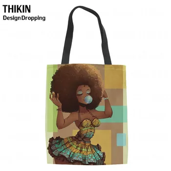 

THIKIN Fashion Aftro Balck African Girl Style Women Shopping Handbags Canvas Shoulder Bag Large Capacity Tote for Feminina