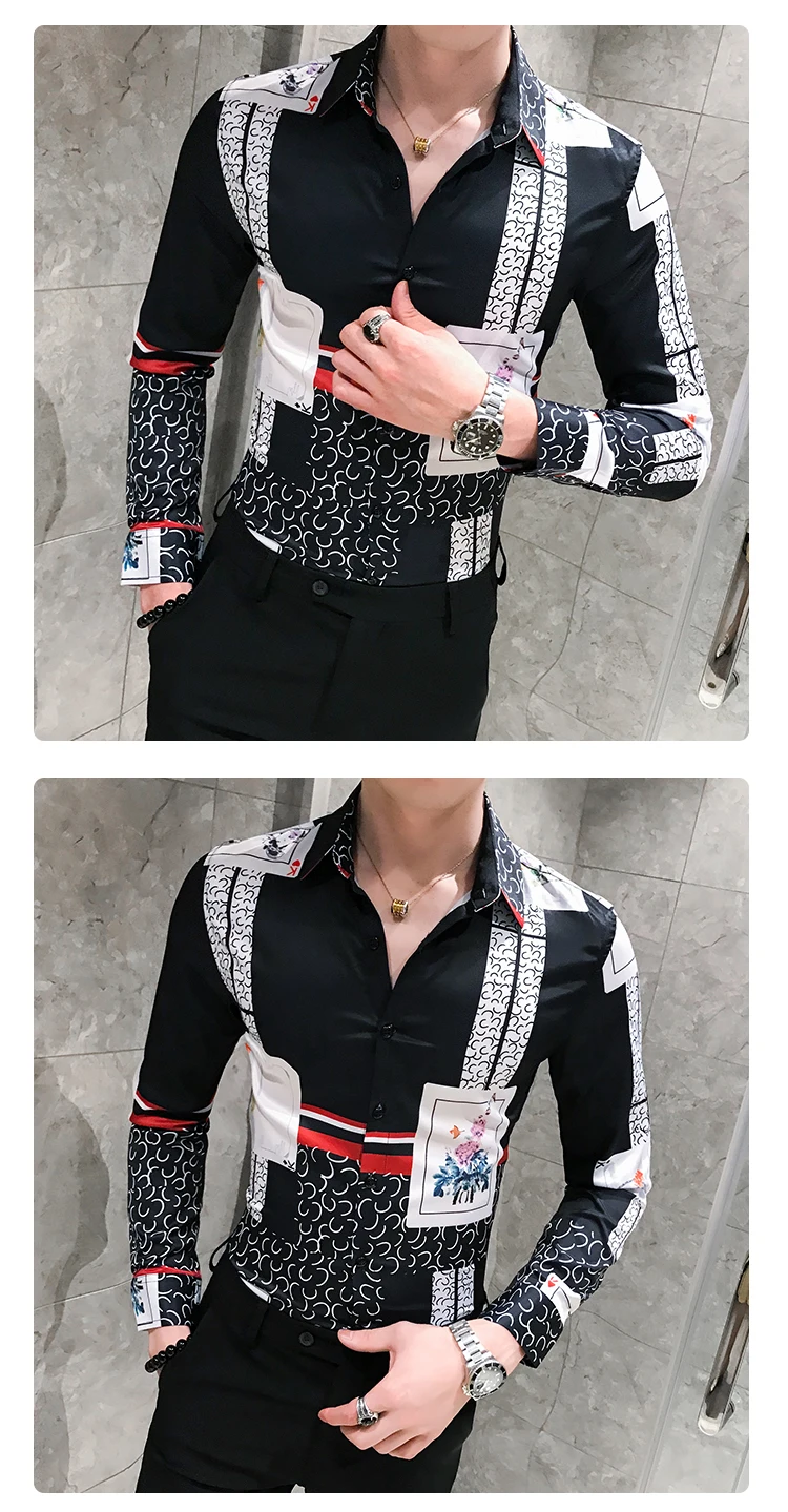 Осень, мужская рубашка с принтом, длинный рукав, Camisa Masculina, высокое качество, Мужская Уличная приталенная рубашка, мужские вечерние рубашки, смокинг