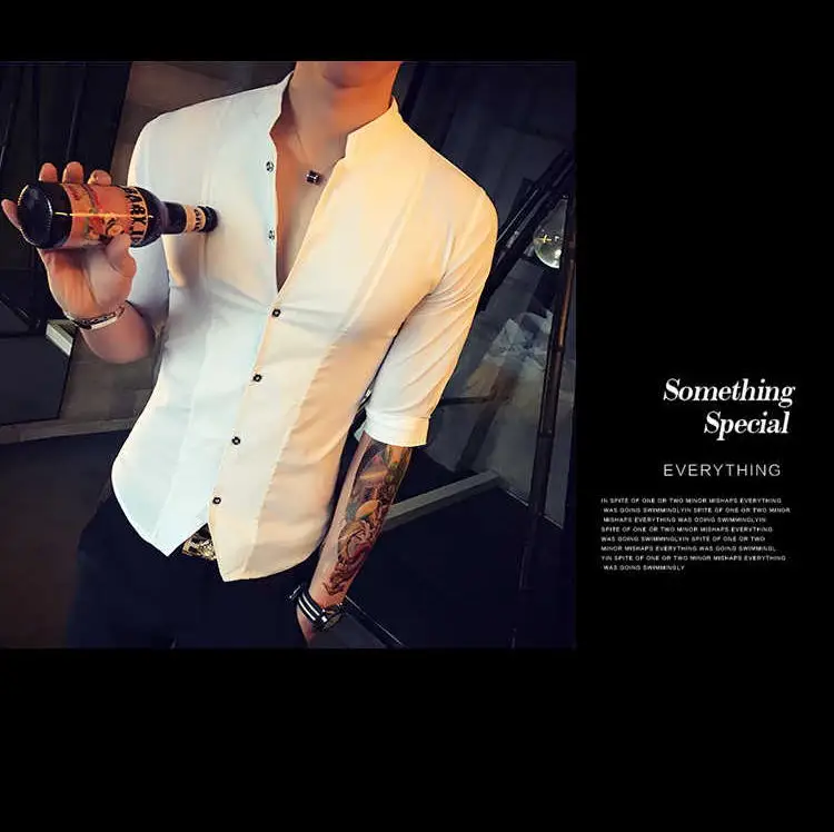 Camisa de estilo chino de cuello alto para hombres ropa de Corea de ajuste delgado para hombres de media manga