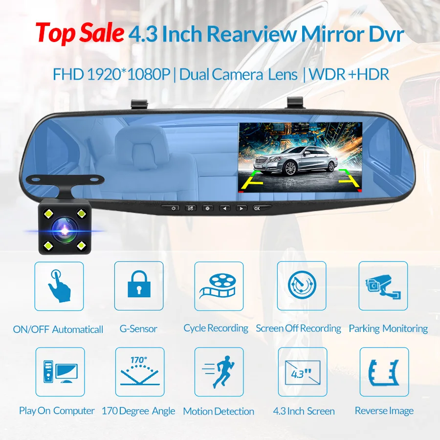  E-ACE Dvr Dash Camera Car Dvr mirror FHD 1080P 4.3 Inch Dual Lens With Rear View Camera Auto Video 