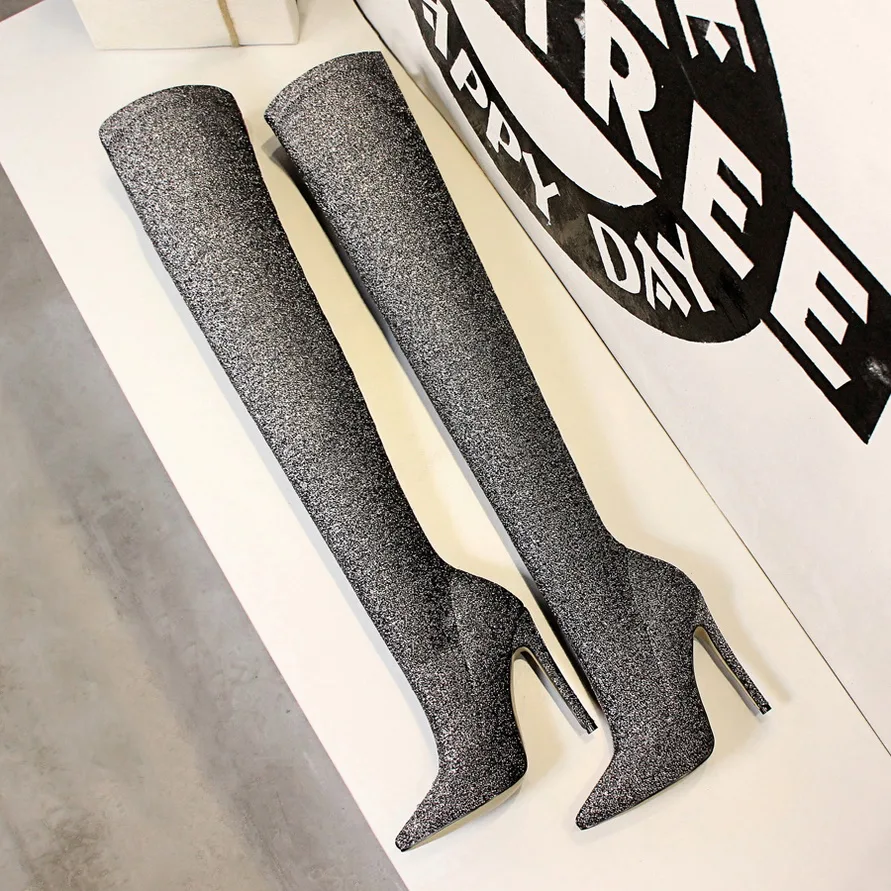 Elastic Satin Slim Fit Over The Knee Boots Women Winter Ladies High Heel Thin Heels Long Thigh High Boots Shoes K0146