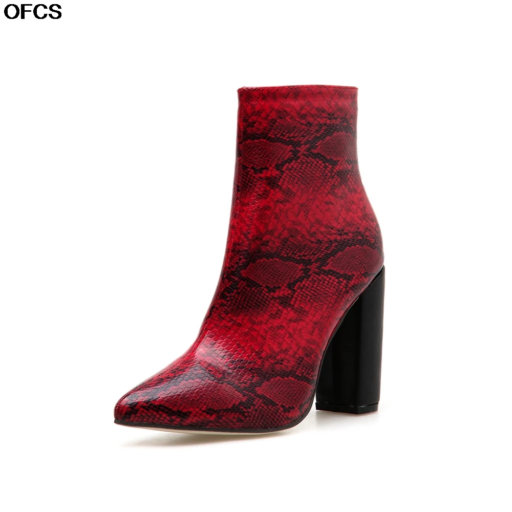 

2020 New Fashion Serpentine Ankle Boots High Heels Fetish Stripper Women Boots Snake Print Block Heels Chunky Shoes Size 35-42