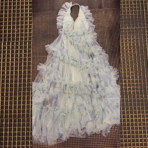 Женское Сетчатое вечернее платье Vestidos модное расшитое блестками рюшами пуховик без рукавов с v-образным вырезом Макси платья с открытой спиной длинное платье - Цвет: Мятный