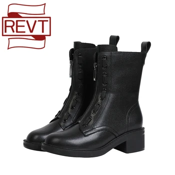 

REVT Leather front zipper Martin boots women 2020 new thick heel boots fashion mid-tube boots large size women's boots