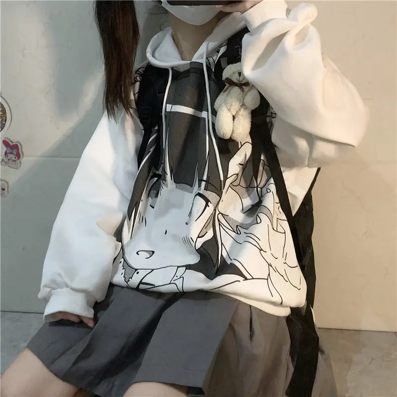 QWEEK Anime Sweatshirt with Print Spring 2021 Women Japanese Harajuku Manga Kawaii Cute Hoodies Streetwear Women White Tops