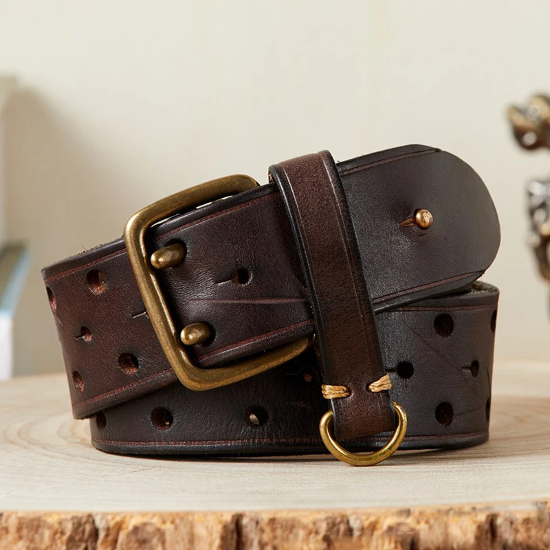 Luxury Thick Cowhid Genuine Leather Men Belt Double Buckle Belt for Jeans