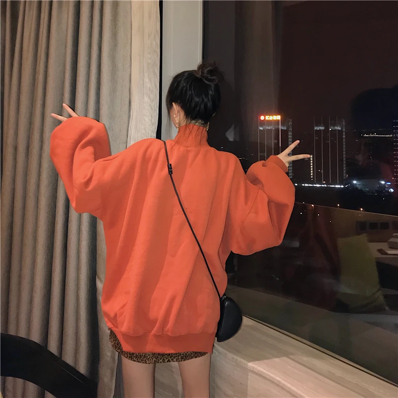 Свободные повседневные модные брендовые пуловеры с высоким воротом оранжевого цвета на осень и зиму, корейские толстовки с капюшоном, женские свитшоты в консервативном стиле, Новинка