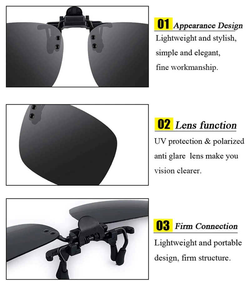 Clip-auf Polarisierte Tag Nacht Vision Flip-up Len Auto Fahrer Anti UVA UVB Polarisierte Sonnenbrille Brille Anti-Glare Gläser Clip Unis – Detail 21