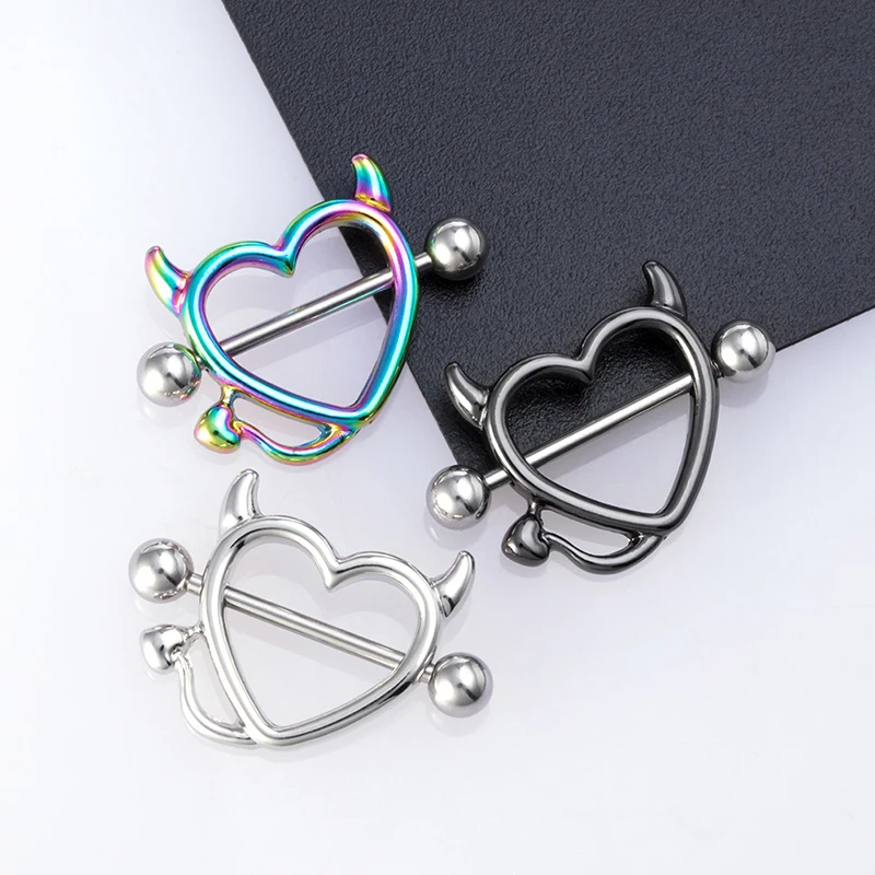 Stainless Steel Nipple Piercing Bar Crystal Women Breast Piercing Jewelry Heart Sexy Nipple Rings Shield Cover Barbell 14G 1Pair