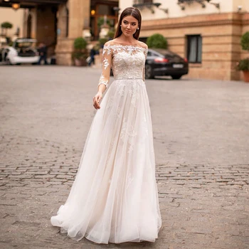 

Charming Boat Neck A-line Wedding Gowns 2020 Three Quarter Sleeve Applique Sweep Train Organza Bridal Dresses