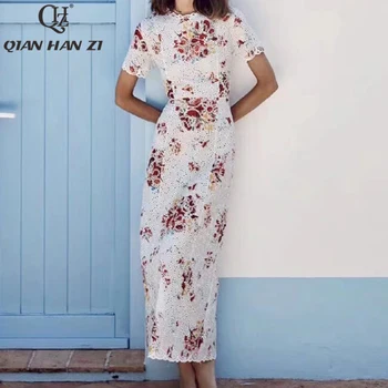 

Qian Han Zi Fashion Summer Dress Women's Short Sleeve Flower Print Hollow out Dress embroidery elegant white Midi bodycon dress