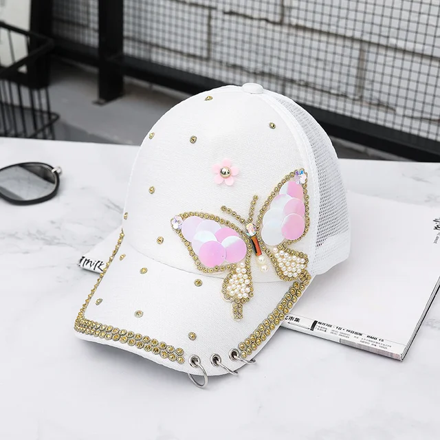 New High-Quality Fashion Butterfly Print Baby Cotton Baseball Cap With Brick Mosaic Ladies Beautiful Girl Hip-hop Mesh Hats Butterfly White- Net