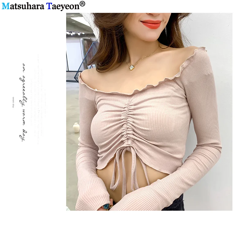

Women's New Retro fit off shoulder one line top with drawcord at the front short temperament medium long sleeve