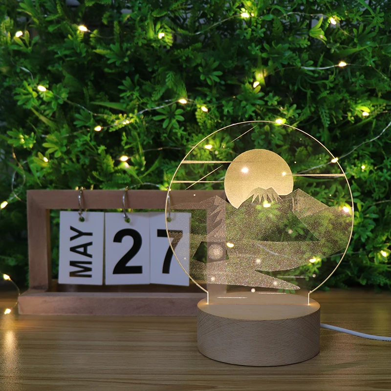 The Mountain Of The Night Acrylic Carved Inside Wooden Base 3D Night Light Mood Lamp For Bedroom