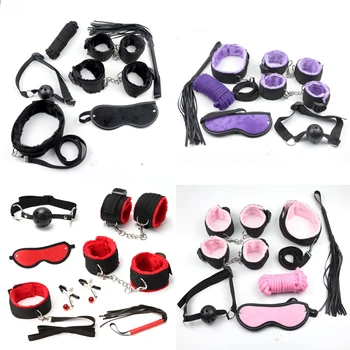 Leopard 7 Pcs set Sexy Lingerie PU Leather BDSM  Bondage Set Hand Cuffs Footcuff Whip Rope Blindfold Erotic  Toys 1