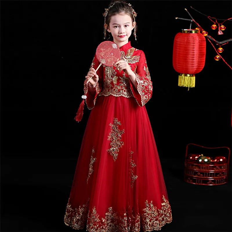 winered long dress Детское роскошное платье Ципао в китайском стиле с вышивкой и стоячим воротником для девочек; платье на год, праздники; детское платье на день рождения - Цвет: winered long dress