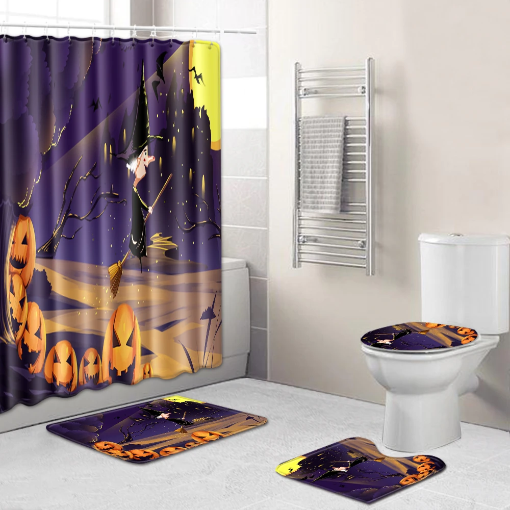 Halloween Decor Bathroom Set With Shower Curtain Bath Mat Set Shower Carpet Mat Rug Witch Skull Bathroom Curtain Bath Mat Set Shower Curtains Aliexpress