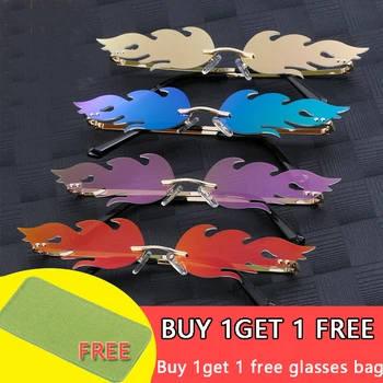 

2020 Fashion Fire Flame Sunglasses Women Men Rimless Wave Sun Glasses UV 400 Eyewear Narrow Sun glasses Streetwear