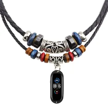 

OOTDTY For Xiaomi Band 5 Bracelet Fashion Beaded leather rope braided vintage necklace rope Silicone Necklace with Cover