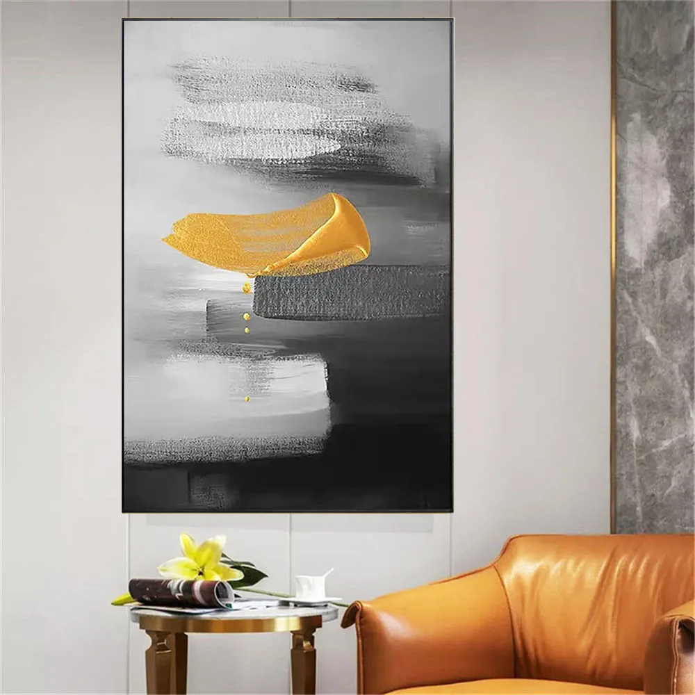 

Latest Hand Painted Oil Painting Gold And Black Grey Textured Canvas Wall Art Pictures Modern Sofa Background Decor Ornaments