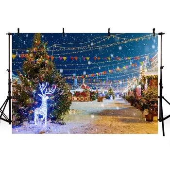 

Mehofond Christmas Backdrop Street Tree Snowflake Starry Sky Glitter Deer Bunting Portrait Photography Background for Photophone