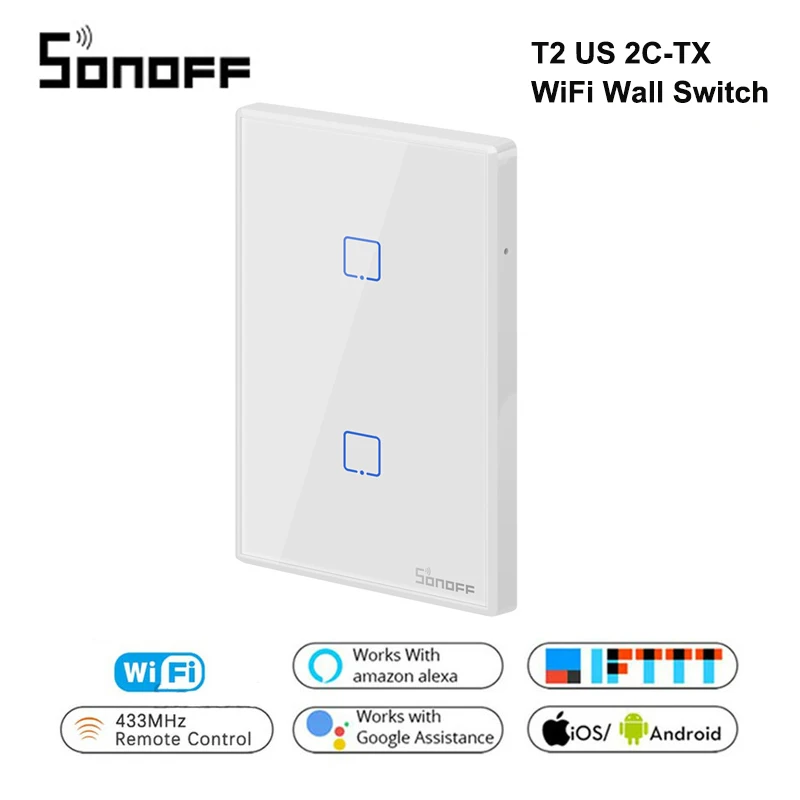 

Sonoff T2 US 2C TX Smart Wifi Wall Touch Switch With Border 433 RF/Voice/APP/Touch Control Smart Home Work With Google Alexa