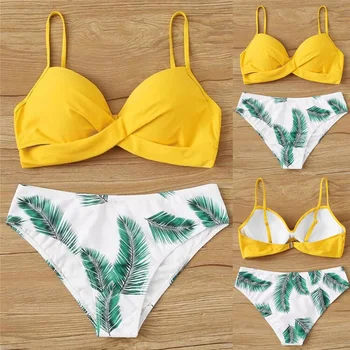

2020 Women's Sexy Fashion Swimwear Leaf Print Split Swimwear Bikini Yellow Plus Size Bikini Set Two Pieces Swimsuit Women