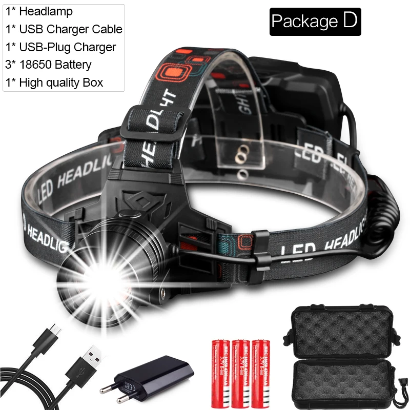 Pocketman Headlamp Powerful XHP50 Head Light USB Rechargeable Headlight Zoomable Head Lamp Head Front Light with 18650 Battery - Испускаемый цвет: Package D