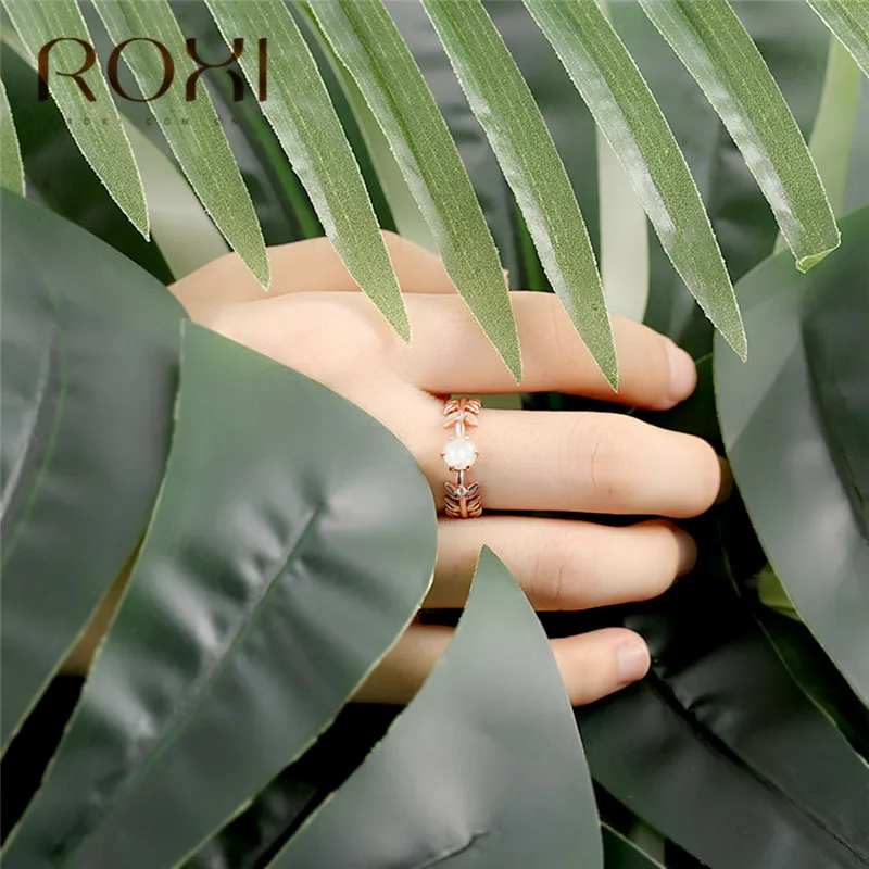 ROXI Cute Laurel Wreath Wedding Rings for Women Olive Tree Branch Leaves Finger Ring Knuckle Jewelry Fire Opal Crystal Rings