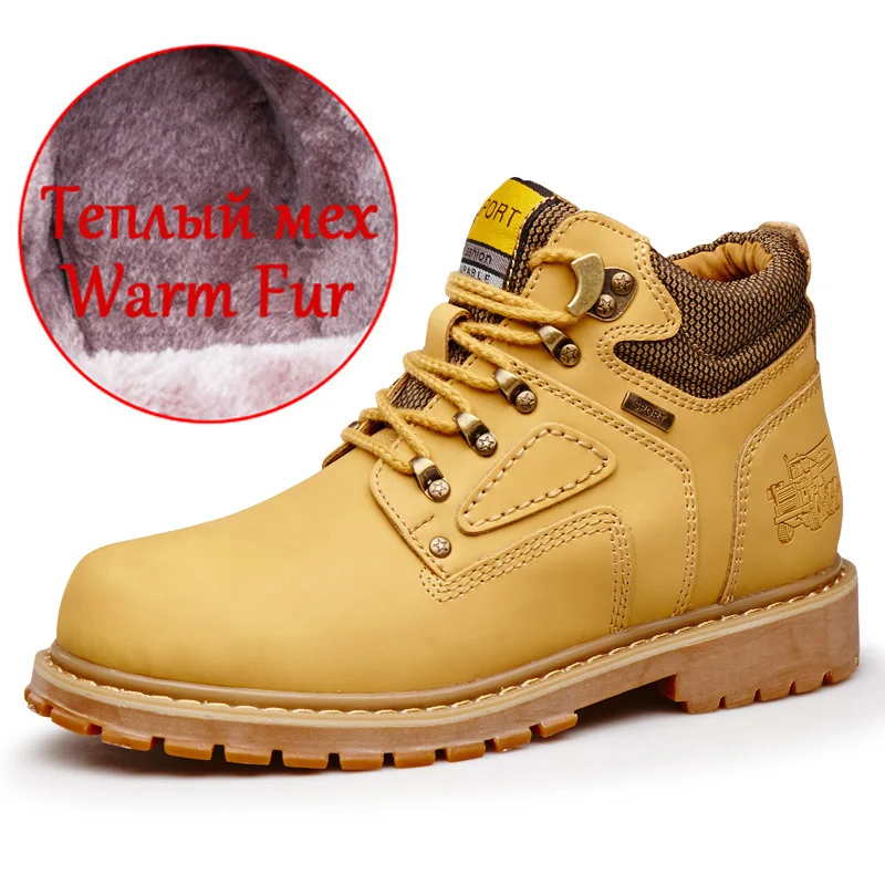 Fur Yellow Классические мужские зимние сапоги зимние плюшевые теплые сапоги мужские короткие мужские мотоциклетные ботинки на шнуровке Нескользящая Водонепроницаемая Мужская Рабочая обувь - Цвет: Fur Yellow