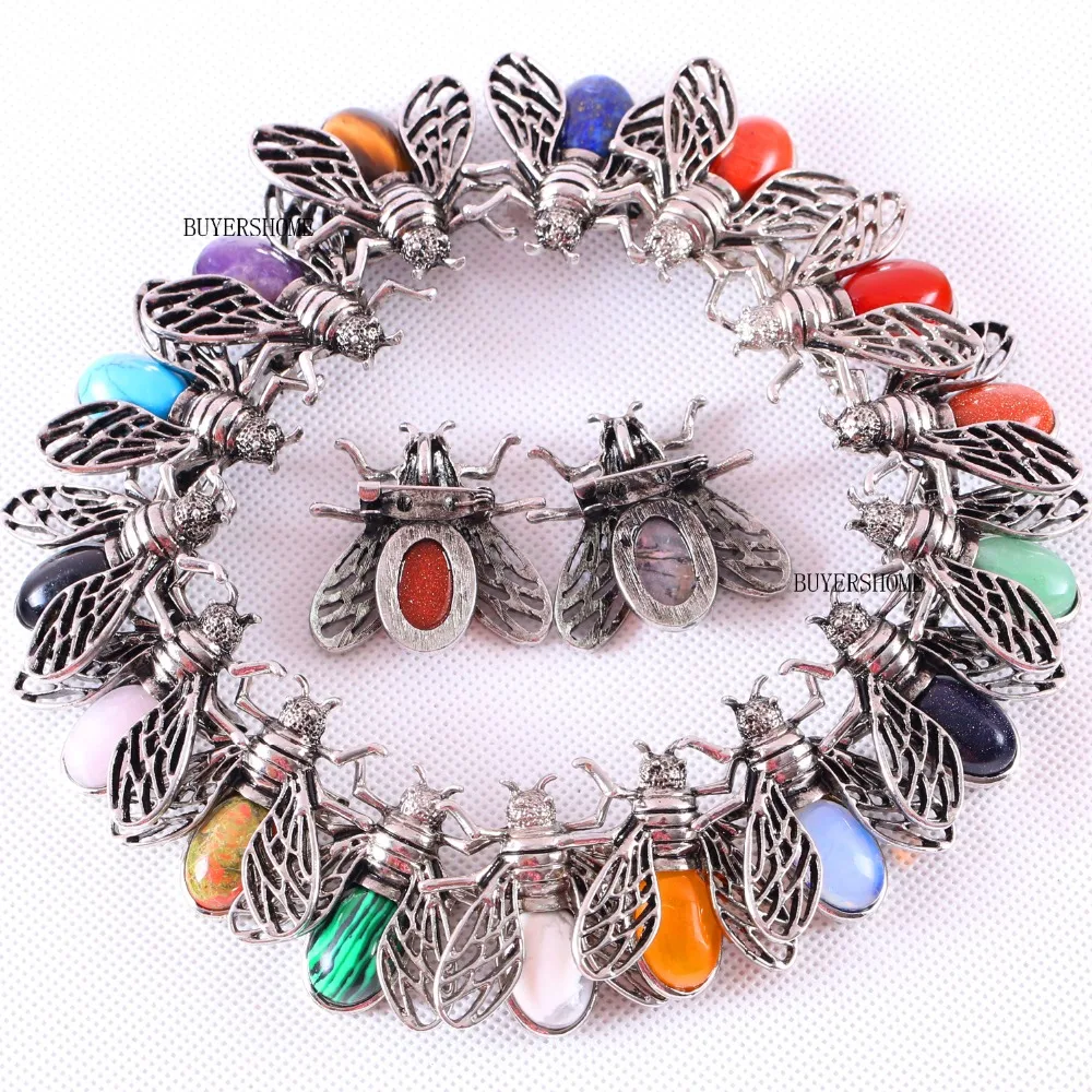 1Pcs Silver Cicada Brooch Natural Stone Pendant Howlite Rhodonite Carnelian Onyx Bead for Men Women DIY Jewelry Making