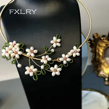 

FXLRY Original handmade natural pearl flower chokers Sweater chain necklace for women fashion jewelry