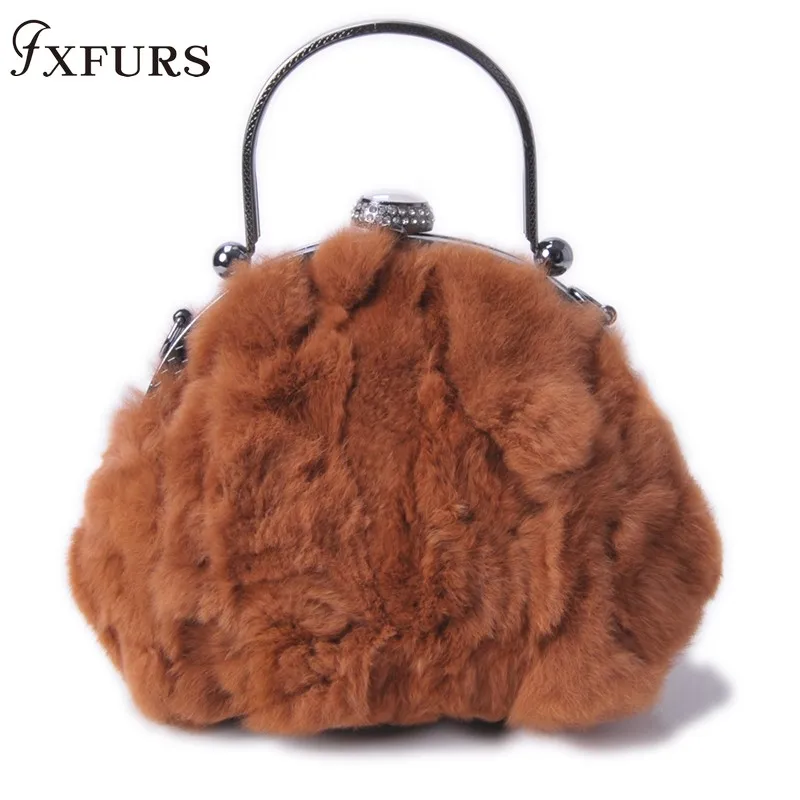 

2019 New Rabbit Fur Handbag Real Fur Bags Fashion Clip Package Mobile Ring Bag Monoclinic Popular Chain Carrying Bag Women