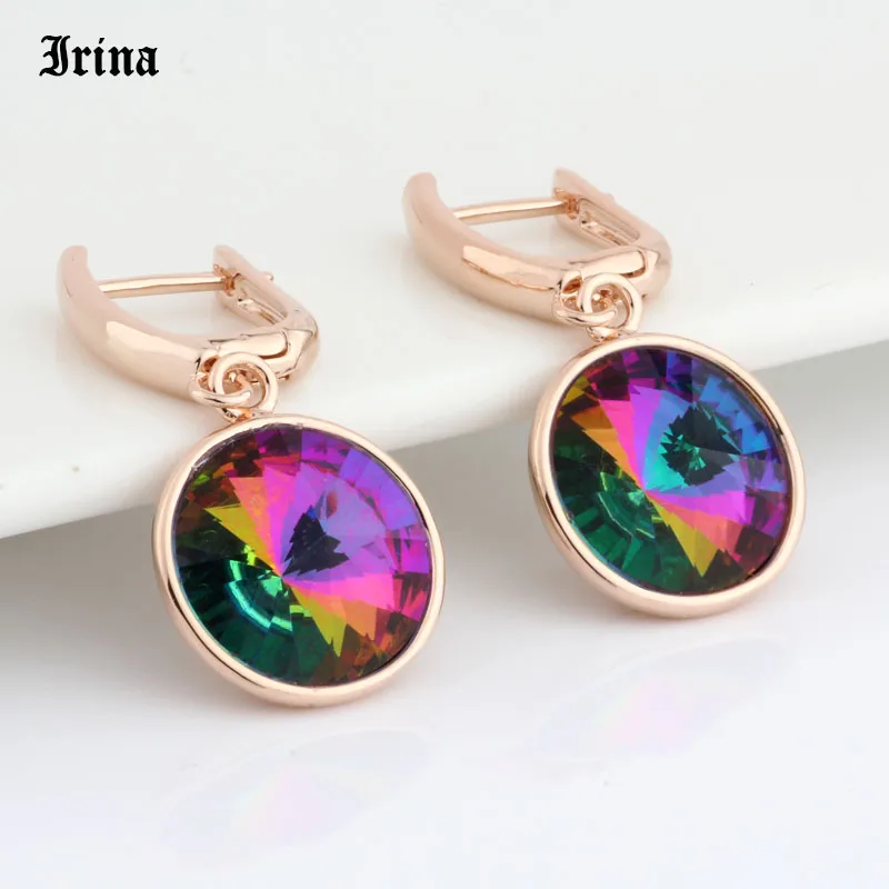 High Quality Classic 12 Color Round Crystal Drop Earrings 585 Rose Gold Color Colorful Korean Earrings for Women Wedding Jewelry