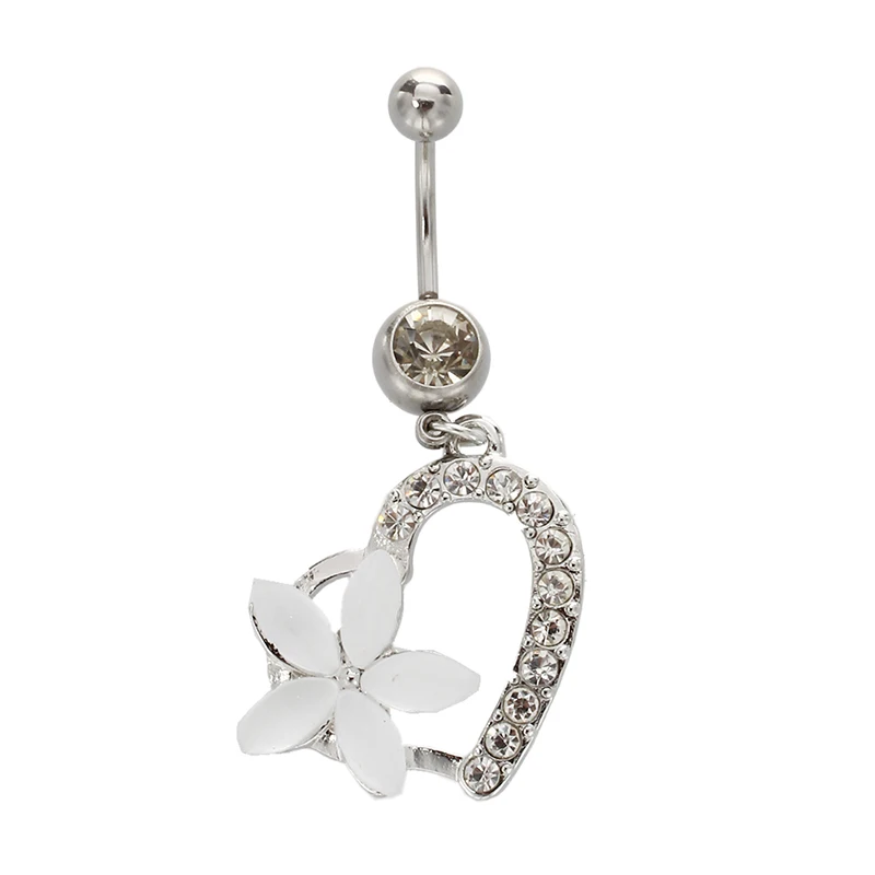 

Body Piercing Navel Belly Ring Barbell Bar Rhinestone Heart White Flower Alloy