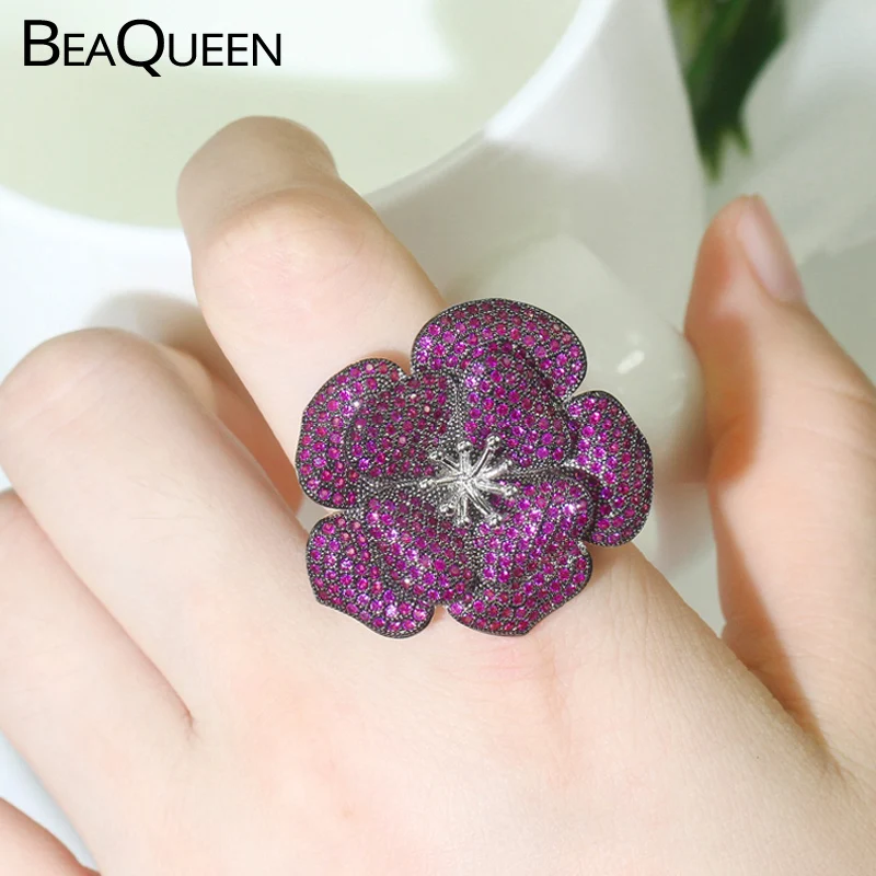 

BeaQueen Fuchsia Purple Red Cubic Zircon Micro Paved Large Flower Adjustable Open Rings Statement Finger Jewelry for Women R110